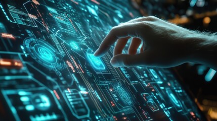 Poster - A close-up of a hand touching a holographic screen displaying a digital network, with lines connecting various icons representing data, cloud storage, and communication.