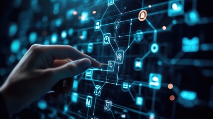 Poster - A close-up of a hand touching a holographic screen displaying a digital network, with lines connecting various icons representing data, cloud storage, and communication.