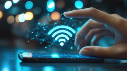 Poster - A close-up of a hand using a smartphone with a Wi-Fi and Bluetooth signal radiating from the device, representing wireless communication on a sleek, futuristic background.