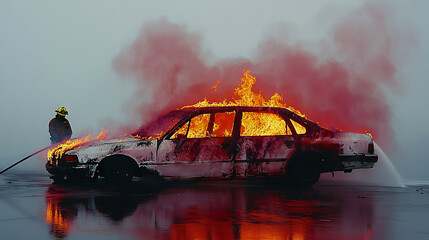 Wall Mural - A firefighter battles a blaze engulfing a car.