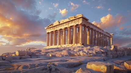 Majestic Acropolis of Athens Glowing in the Dramatic Sunset Skyline