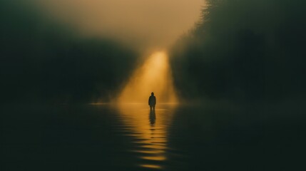 Wall Mural - Faith Through Shadows. Illuminated in darkness, a person looks at golden light.
