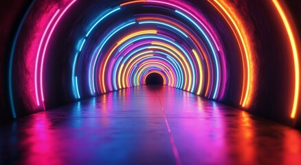 Wall Mural - A vibrant tunnel illuminated by colorful lights in a futuristic setting at night