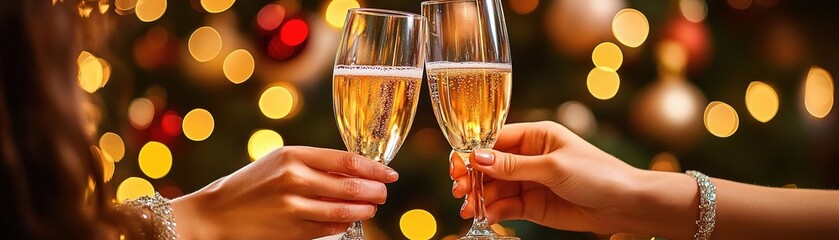 Two hands clinking champagne glasses in celebration, surrounded by festive lights and a joyful atmosphere.