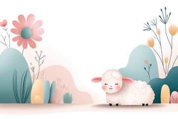 Cartoon lamb with a gentle expression and soft white fur on a blank backdrop, great for kids' books, greeting cards, and fun children's projects.