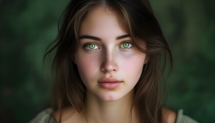 Wall Mural - Stunning portrait of a young woman with captivating green eyes gazing directly at the camera