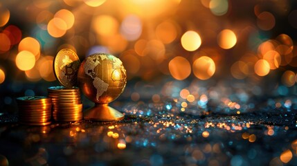 Poster - Stack of coins and a globe on a dark background, bokeh effect, global business concept, global market business