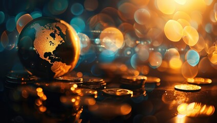 Poster - Stack of coins and a globe on a dark background, bokeh effect, global business concept, global market business