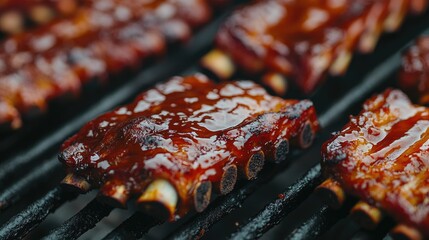 A close-up of succulent pork ribs sizzling on the grill, with a glossy barbecue sauce and a hint of charred edges, highlighting the juicy texture