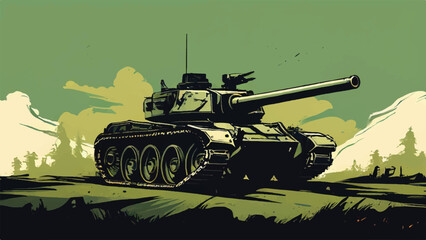 Wall Mural - Military tank. A Battlefield Landscape with war machine tank. A combat tank. Battle-tank. War machine. Tank Vector Illustration. 