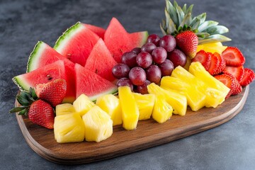 A fresh fruit platter, with vibrant slices of watermelon, pineapple, strawberries, and grapes arranged on a wooden board