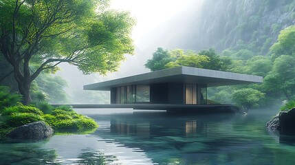 a rectangular building with a futuristic design, appearing to levitate above crystal-clear water, wi