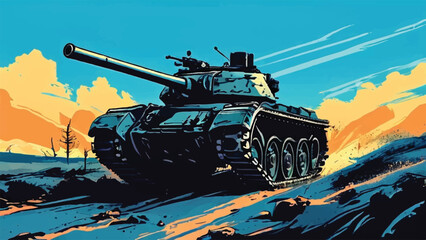 Wall Mural - Military tank. A Battlefield Landscape with war machine tank. A combat tank. Battle-tank. War machine. Tank Vector Illustration. 