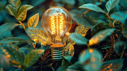 Leinwandbilder - A light bulb radiates warm light as it rests among rich green foliage, creating a captivating contrast in a tranquil outdoor environment at twilight.