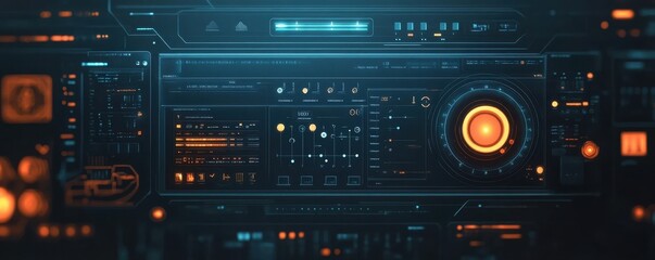 Poster - Futuristic smart home control interface with digital screens, holographic displays, and advanced technology in a sleek design showcasing advanced home automation and connectivity features.