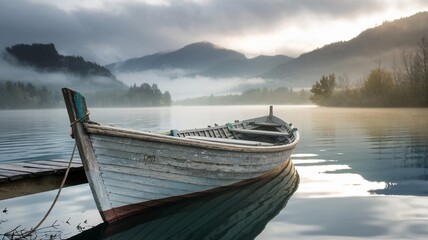  Old wooden boat resting on tranquil lake with misty mountain view