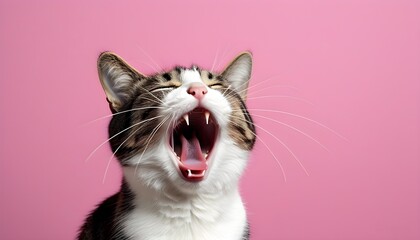 Wall Mural - Yawning cat against a playful pink backdrop