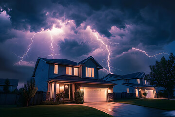 Wall Mural - Electric storm casting vivid bolts above a home in the suburbs