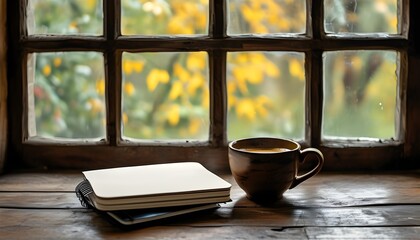 Wall Mural - Morning inspiration with coffee and notebook by the window