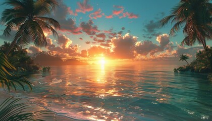 Tropical beach sunset with palm trees and calm ocean

