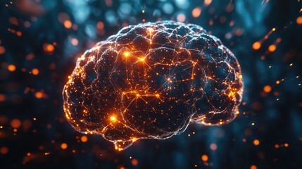 Poster - A conceptual image of a 3D brain with glowing nodes and connections, representing the generation and exchange of innovative ideas and complex concepts.