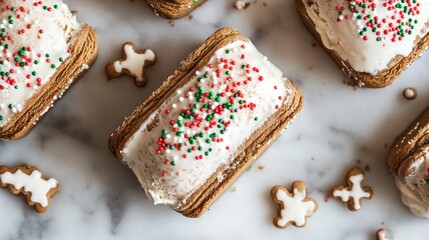 Holiday ice cream sandwiches featuring gingerbread cookies, festive sprinkles, and seasonal flavors.