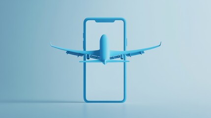 Wall Mural - A blue airplane flying out of a smartphone screen, against a light blue background.