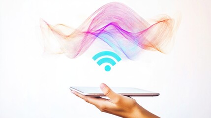 Poster - A conceptual image of a person holding a tablet, with digital Wi-Fi signal waves emanating from the device, set against a bright white background to emphasize wireless communication.