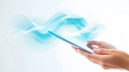 Poster - A conceptual image of a person holding a tablet, with digital Wi-Fi signal waves emanating from the device, set against a bright white background to emphasize wireless communication.