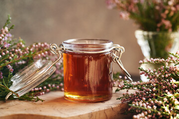 Sticker - A jar of herbal syrup with fresh heather or Calluna vulgaris flowers