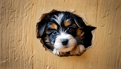 Wall Mural - Adorable puppy curiously peeking through a wall hole