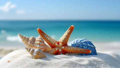 Tranquil beach scene with starfish and conch shells on white sand against a backdrop of serene blue sea