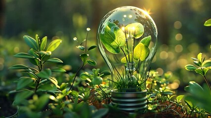 Leinwandbilder - A light bulb, illuminated from within, showcases lush green leaves nestled among small plants in a serene forest during golden hour. The soft sunlight casts a warm glow.
