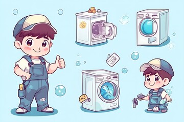 Sticker - Cute Cartoon Repairman Fixing a Washing Machine