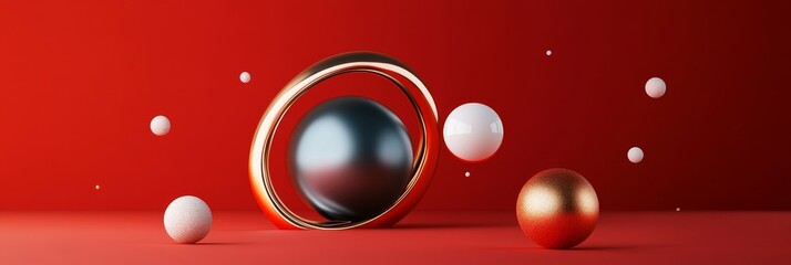 A minimalist celebration image with smooth gradients, layered shapes, and floating spheres in a red background. Symbolism includes unity, harmony, sophistication, modern design, and creativity.