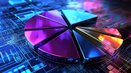 Poster - A detailed 3D pie chart with metallic slices in various colors, symbolizing data distribution in a high-tech environment, set against a futuristic digital background