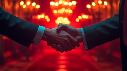 Wall Mural - Two men in suits shaking hands in a dimly lit room with a red carpet and chandeliers.