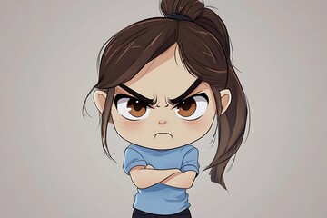 Poster - Angry Cartoon Girl with Arms Crossed, Chibi Style Illustration