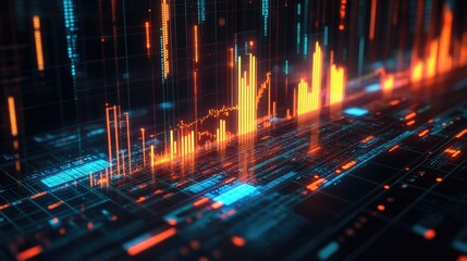 Poster - A digital 3D bar chart with glowing edges and deep shadows, set against a dark background, representing futuristic data analytics and advanced technology.