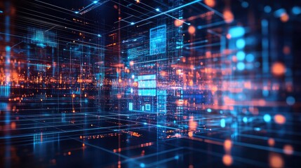 Poster - A digital interface with interconnected lines and nodes, each representing devices and data points within a vast digital network, set against a modern, tech-inspired background.