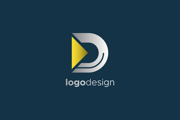 Poster - Initial Letter D Logo. White Geometric Shape D Letter Combined With Yellow Arrow Isolated On Blue Background. Flat Vector Logo Design Template Element Usable For Business and Branding Logos.
