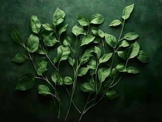 Wall Mural - Green Leaves on Dark Background: Nature's Minimalist Beauty