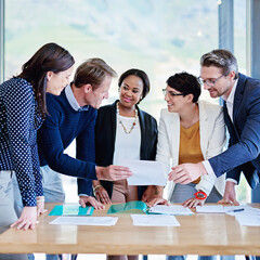 Canvas Print - Collaboration, happy and people with paperwork, boardroom and conversation with women and lobbyist. Business, talking and employees with documents, planning and communication in meeting and men