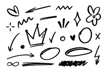 Poster - Collection of hand-drawn doodle-style design elements, perfect for creative projects. Includes playful shapes like a crown, a star, a heart, and more, all crafted with a fun and informal touch.