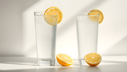 Two glasses of water with sliced lemon on sunlit background with shade. Summer refreshment concept. Minimal style isolated with white highlights, png