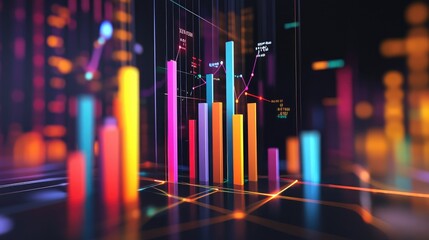Poster - A dynamic 3D bar graph with vibrant colors representing different financial metrics, rising from a sleek platform, with lines and numbers floating in the background