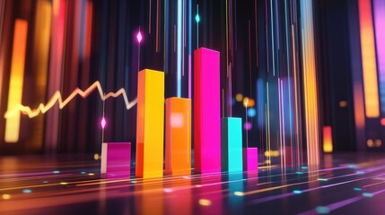 Poster - A dynamic 3D bar graph with vibrant colors representing different financial metrics, rising from a sleek platform, with lines and numbers floating in the background