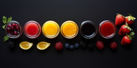 Poster - A colorful array of fruit jams and jellies in jars sitting on a dark surface. Fresh berries and lemon slices complement the vibrant colors. Perfect for food photography. AI