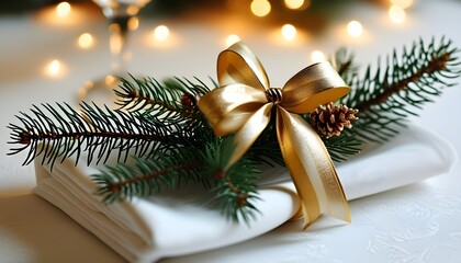 Wall Mural - Elegant holiday table setting with a white napkin adorned by a gold bow and decorative pine sprigs