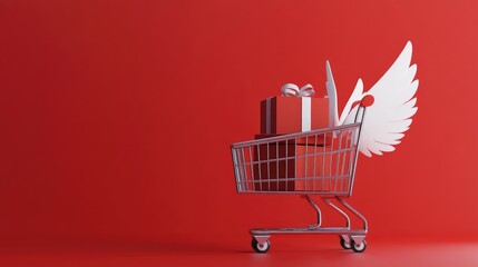 Poster - A shopping cart with wings filled with gifts on a red background.